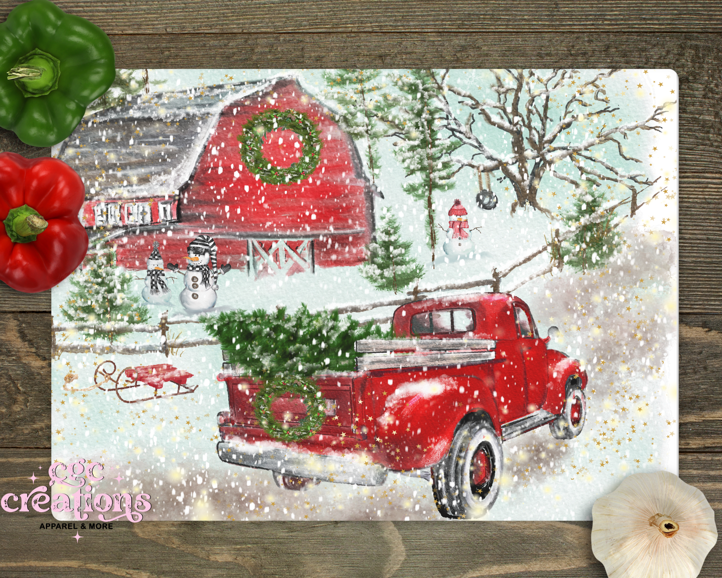 Christmas Red Truck Scene Glass Cutting Board