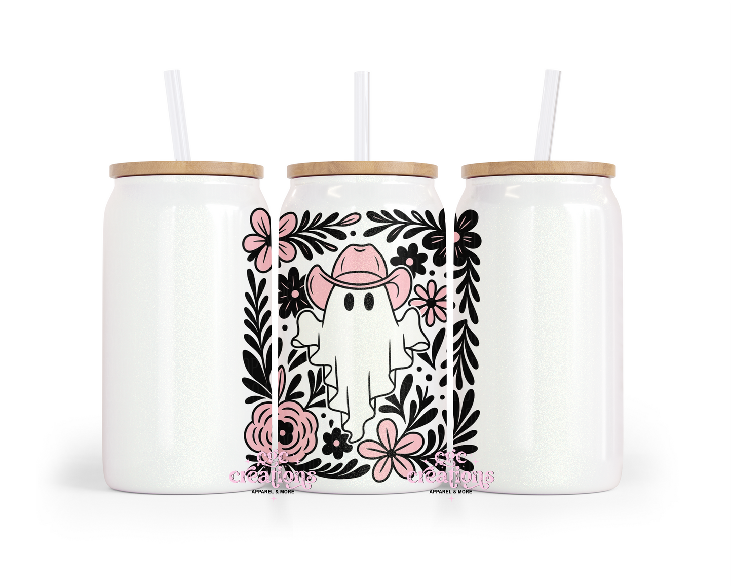 Boho Cowboy Ghost (pink) 16oz Glass Cup With Lid