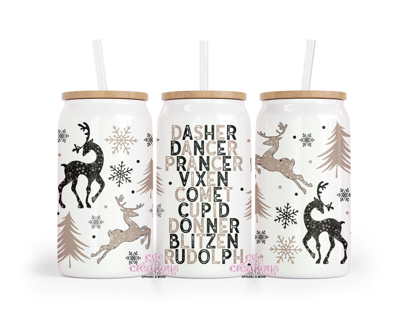 Santa's Reindeer 16oz Glass Cup With Lid