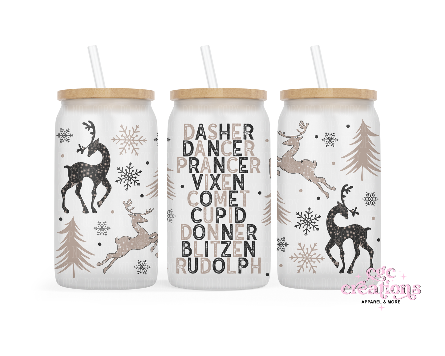 Santa's Reindeer 16oz Glass Cup With Lid