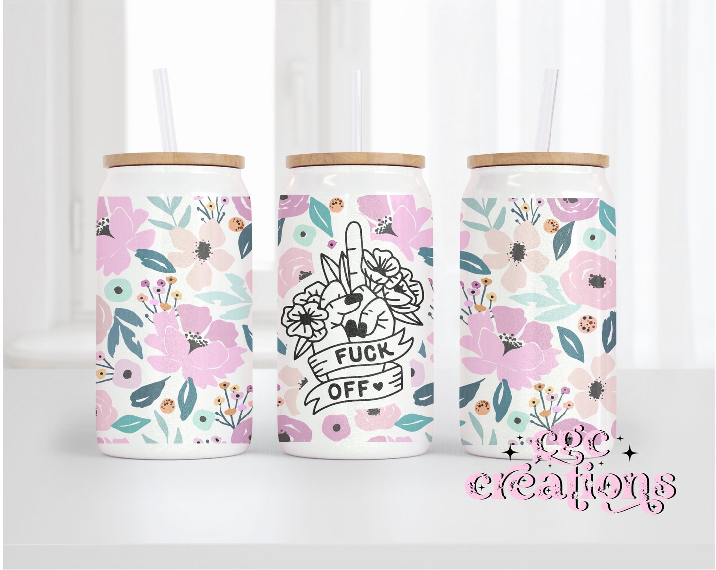 Fuck off Pink Floral 16oz Glass Cup With lid