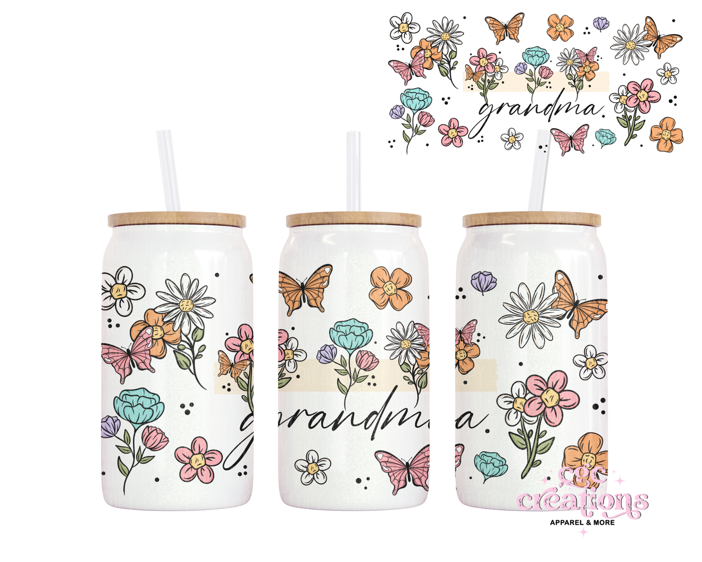 Floral Mama, Nana, Grandma, Aunt Etc. 16oz Glass Cup With Lid