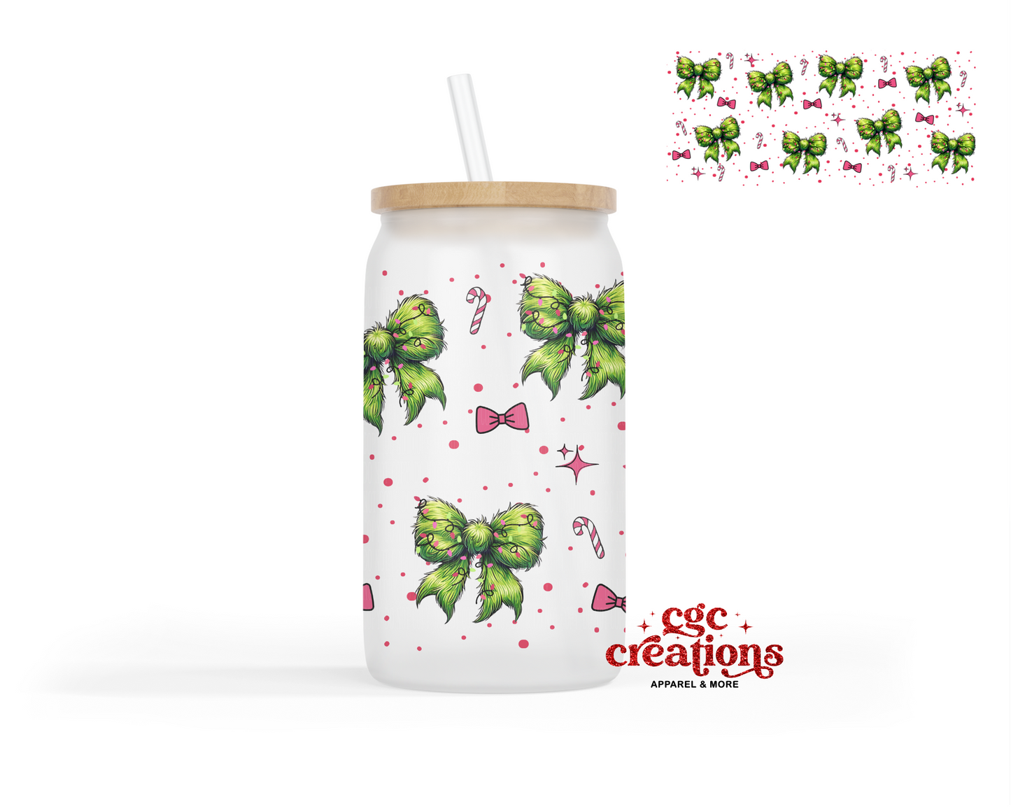Green Christmas Coquette Bow 16oz Glass Cup With Lid