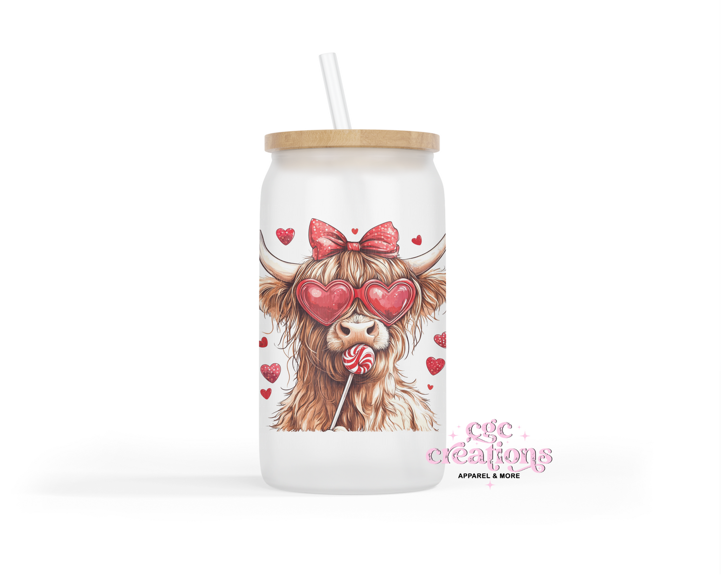 Cute Highland Cow With hearts 16oz Glass Cup With Lid