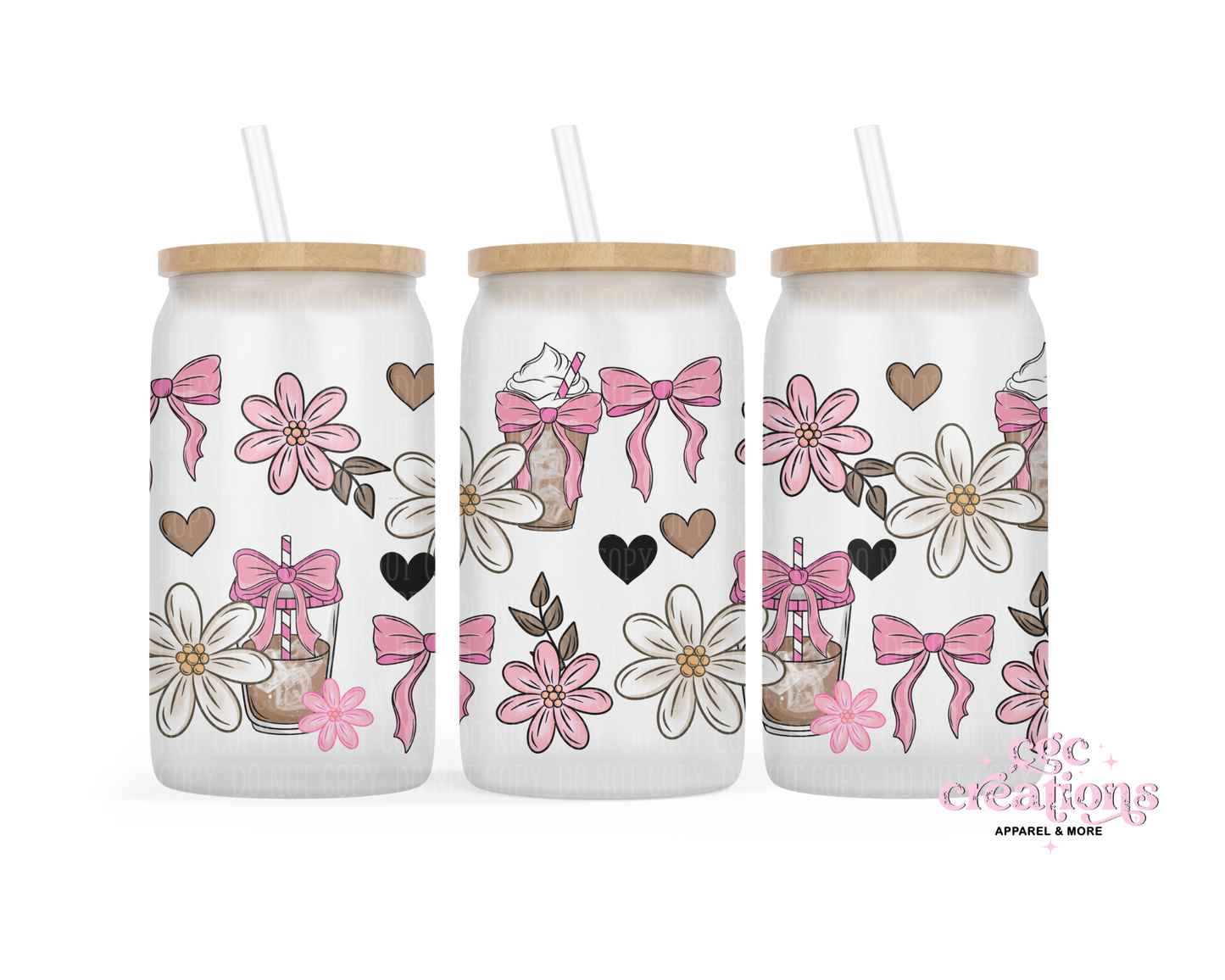 Iced Coffee Floral Bow 16oz Glass Cup With Lid