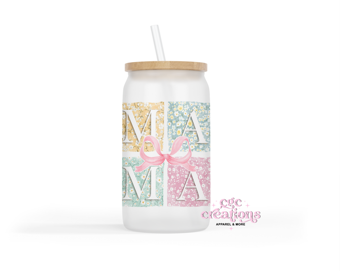 Mama Patchwork 16oz Glass Cup With Lid
