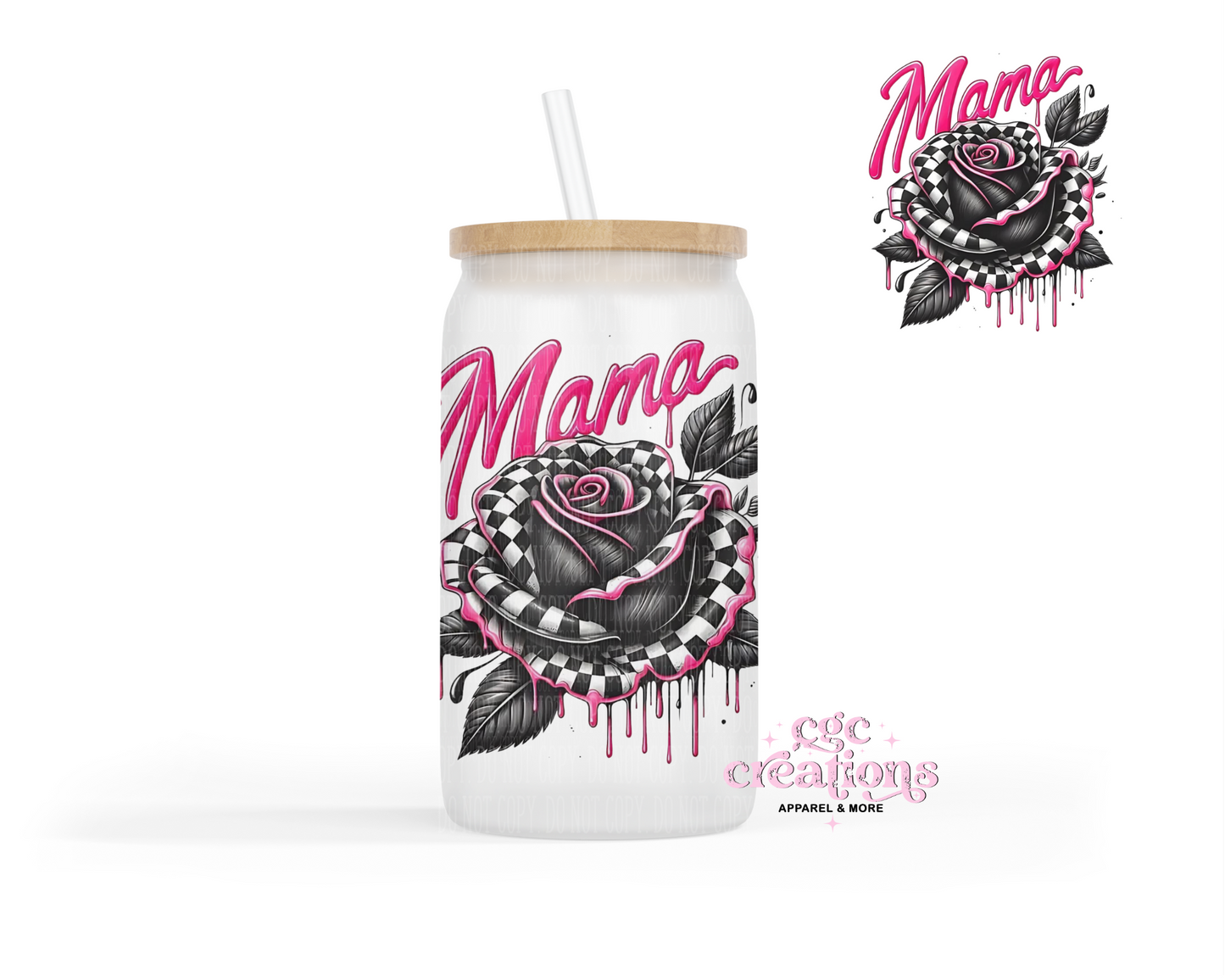 Mama Checkered Rose 16oz Glass Cup With Lid