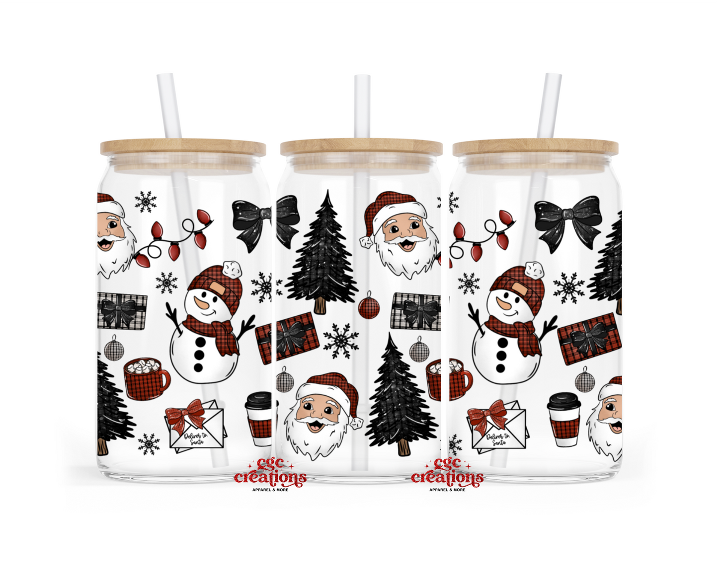 Santa Collage 16oz Glass Cup With Lid