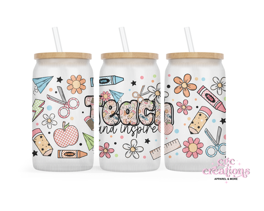 Teach And Inspire 16oz Glass Cup With Lid
