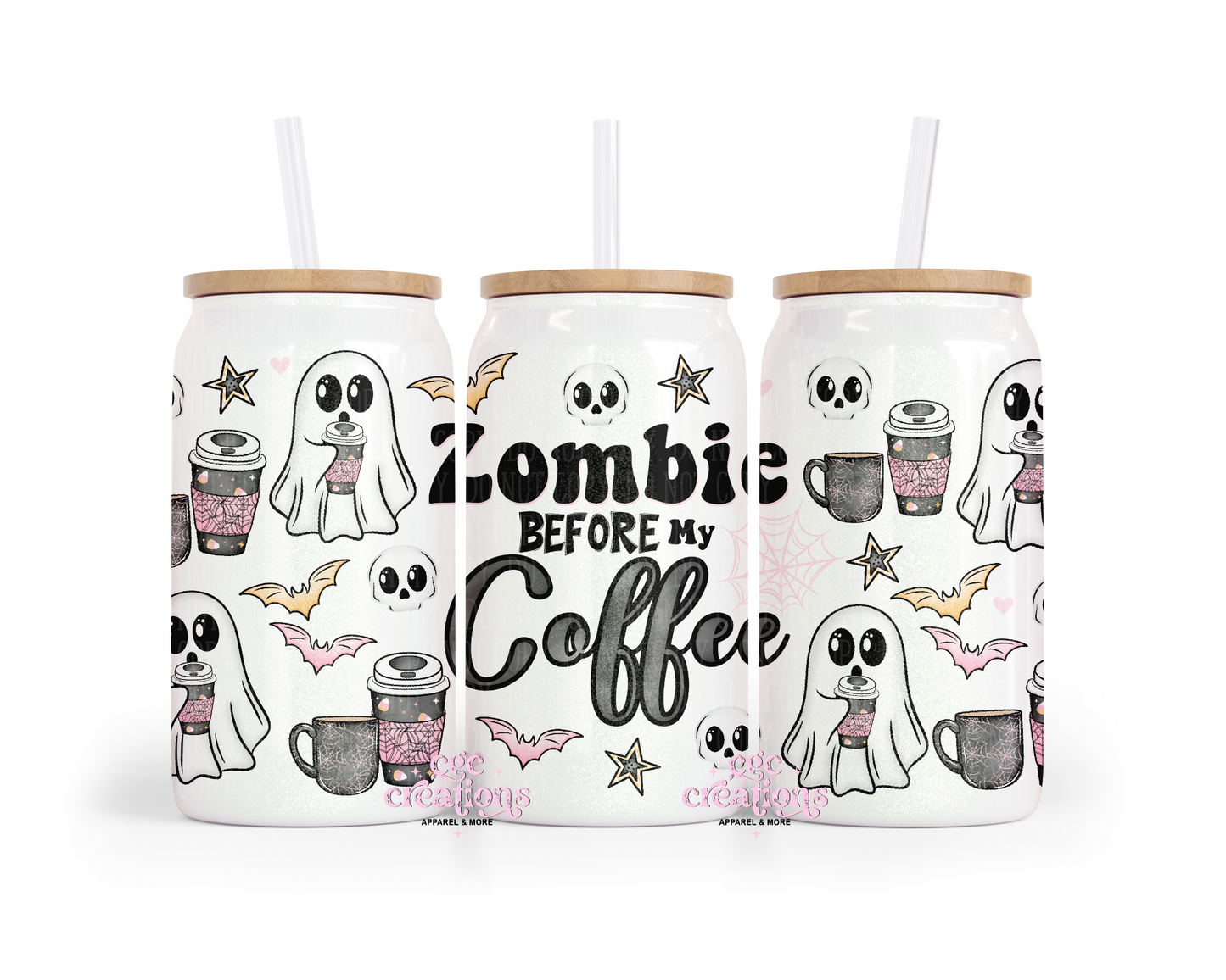 Zombie Before My Coffee 16oz Glass Cup With Lid