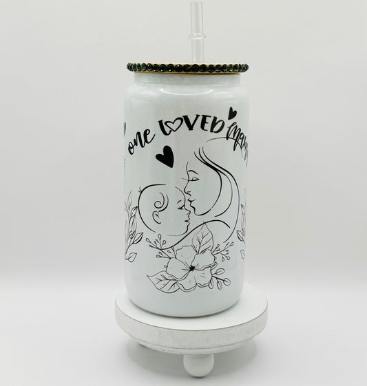 One Loved Mama With  Partial Rinestones On The Lid 16oz Glass Cup With Lid