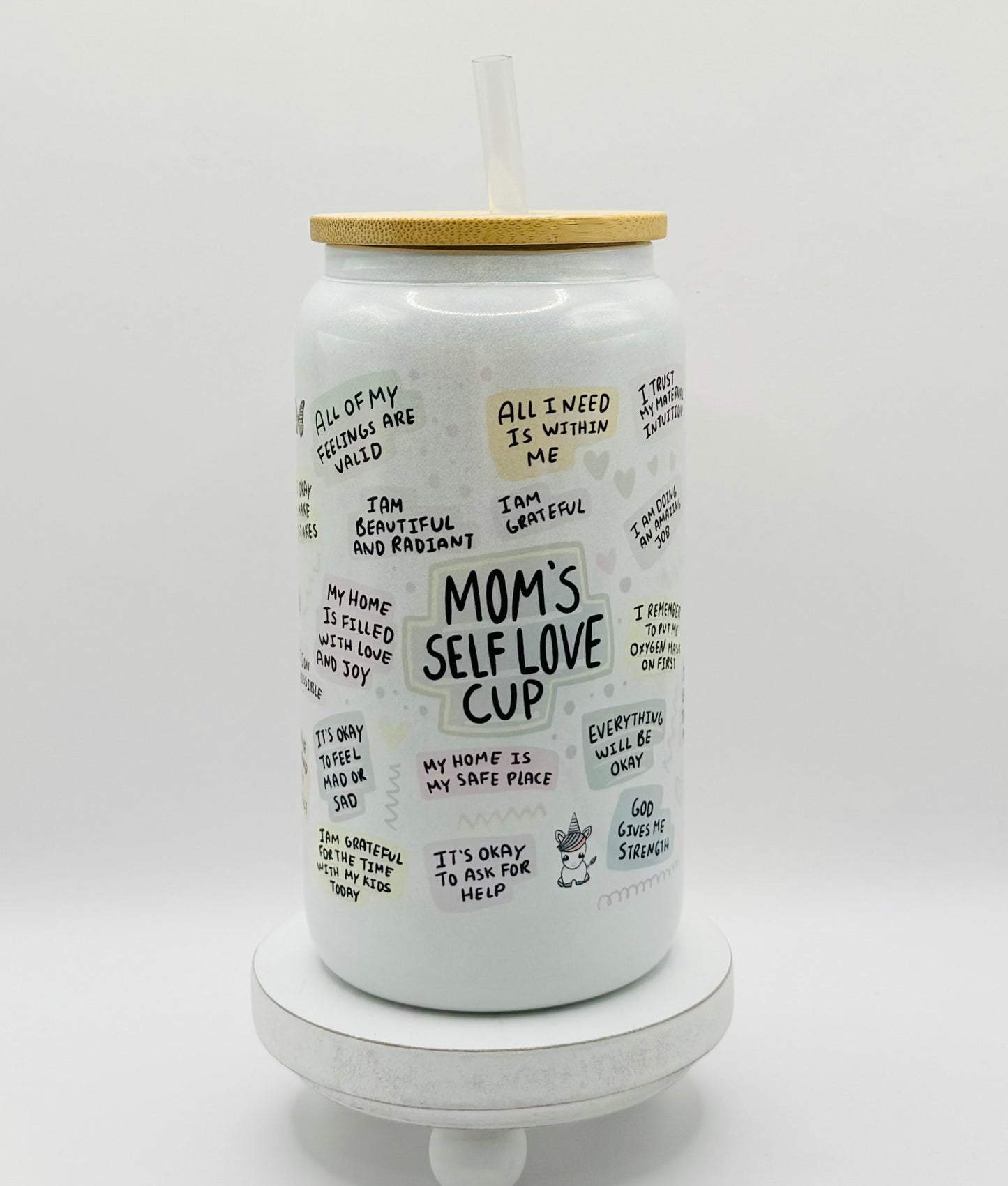 Moms Self Love Cup 16oz Glass Cup With Lid