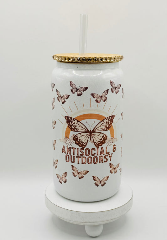 Antisocial & Outdoorsy With  Partial Rinestones On The Lid 16oz Glass Cup With Lid