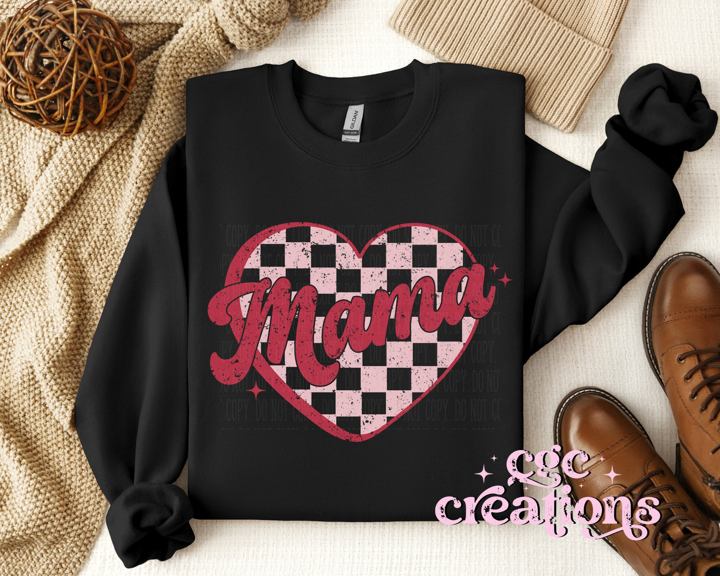 Mama Distressed Checkered Heart Crewneck Sweatshirt