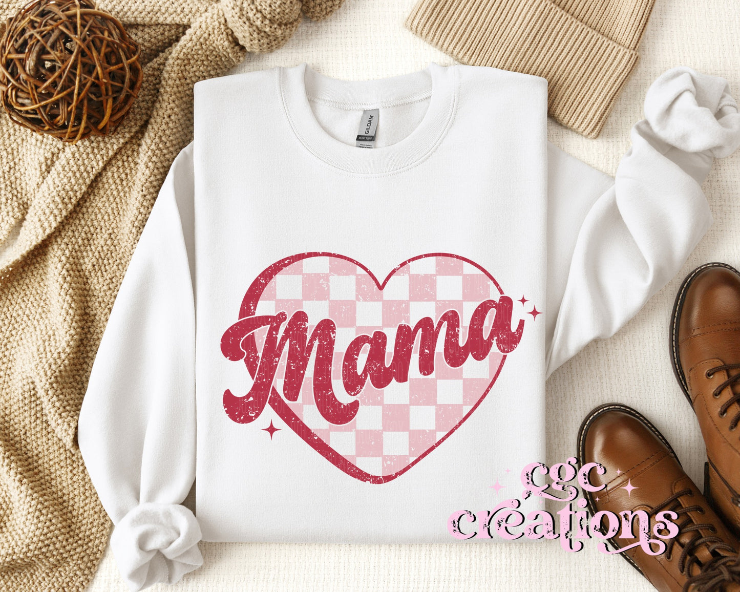 Mama Distressed Checkered Heart Crewneck Sweatshirt