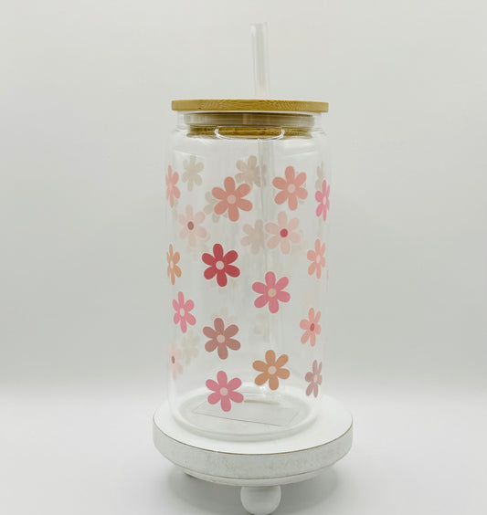Daisies 16oz Glass Cup With Lid
