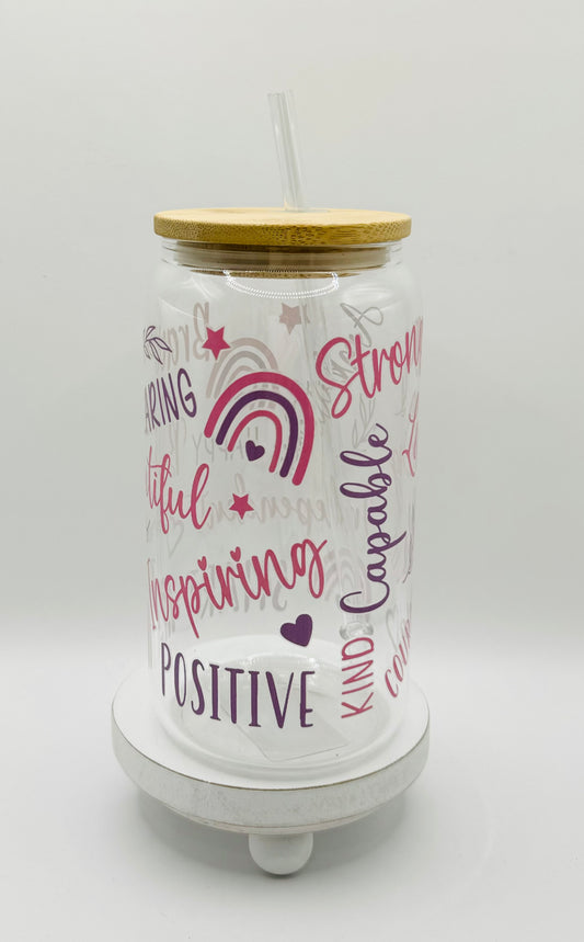 Positive Affirmations 16oz Glass Cup With Lid