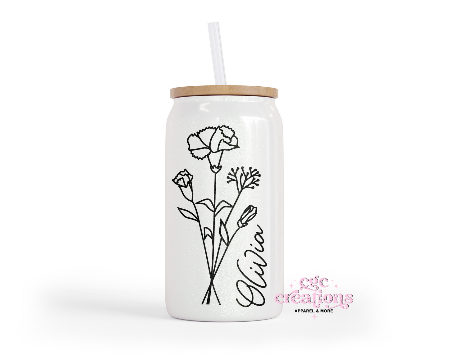 Personalized Birth Month Flower 16oz Glass Cup With Lid