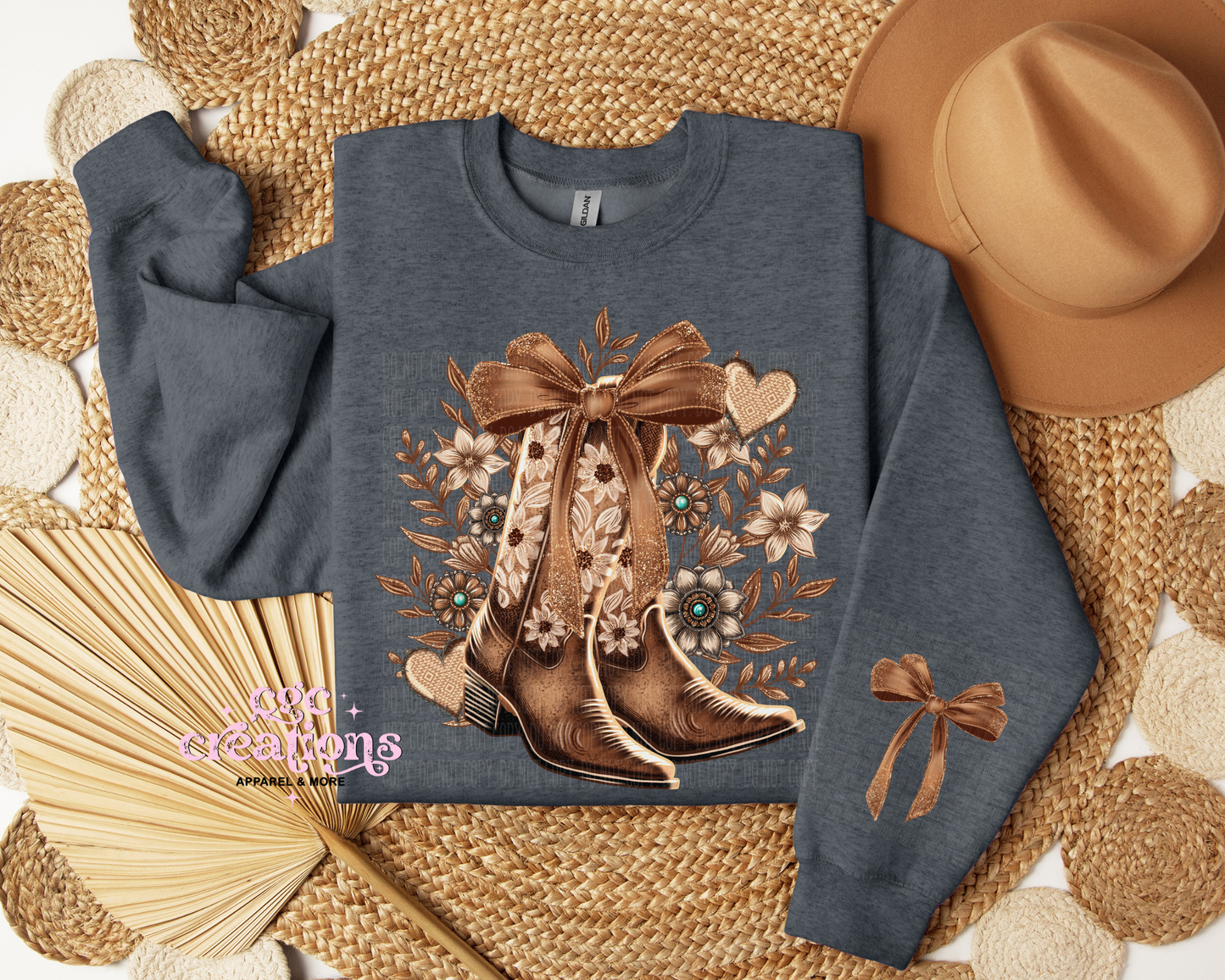 Floral Cowboy Boots With Bow Sleeve Crewneck Sweatshirt