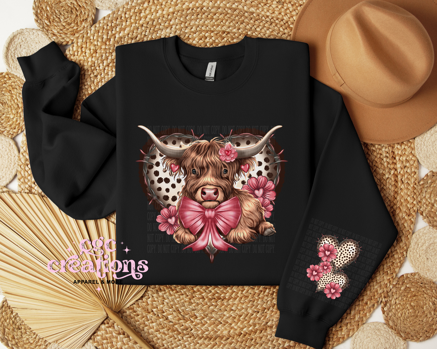 Cute Heart Highland Cow With heart Sleeve Crewneck Sweatshirt