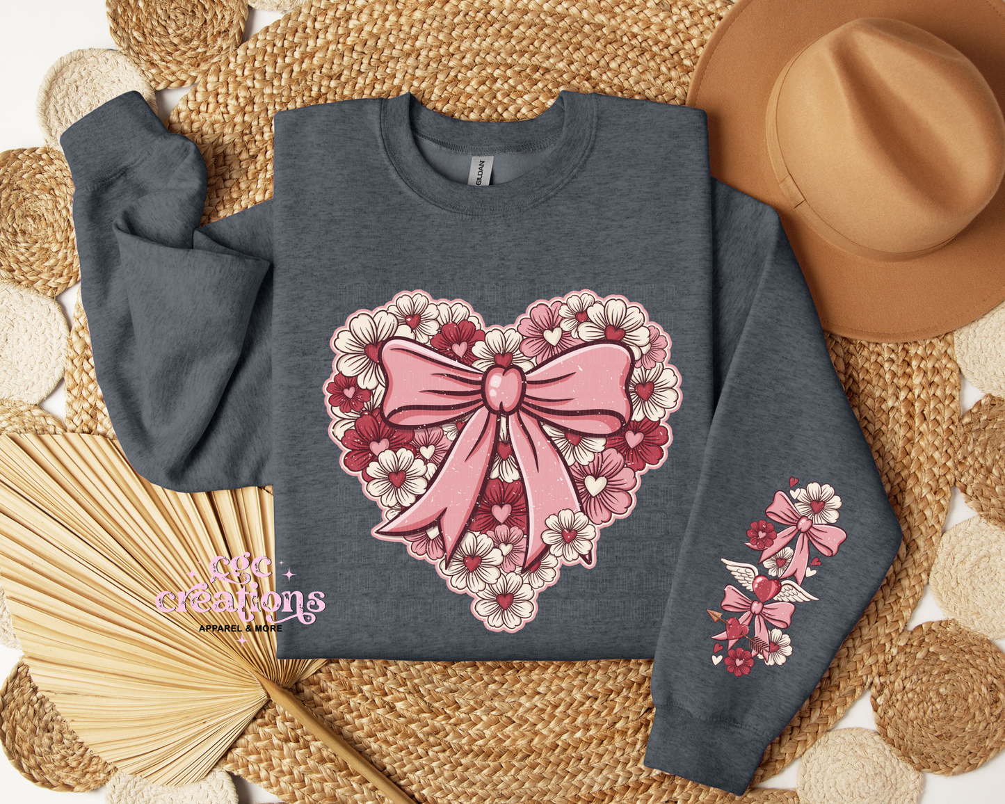 Floral Heart With Sleeve Design Crewneck Sweatshirt