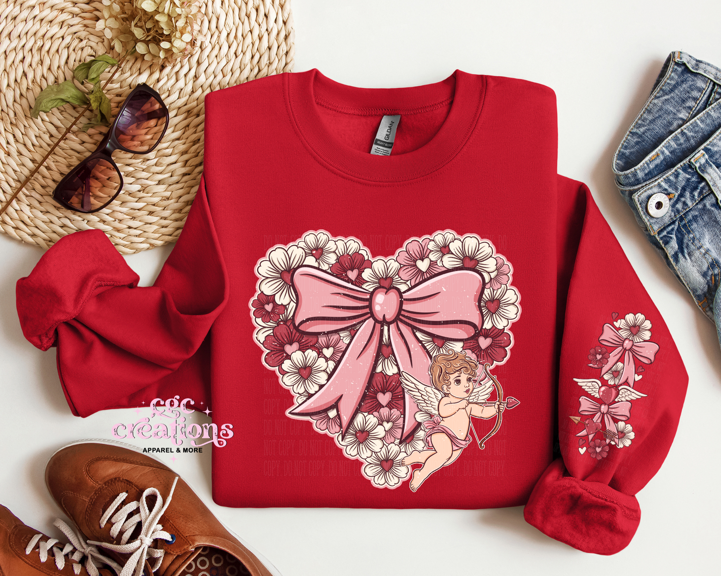 Floral Heart With Cupid And Sleeve Design Crewneck Sweatshirt