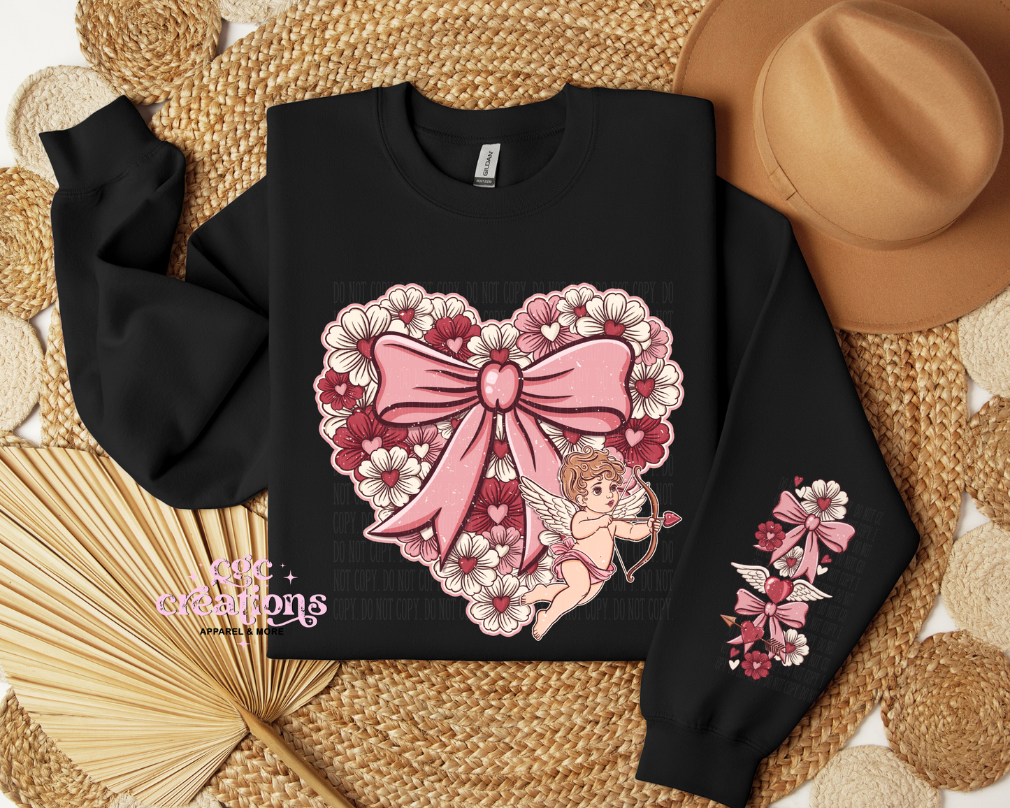 Floral Heart With Cupid And Sleeve Design Crewneck Sweatshirt