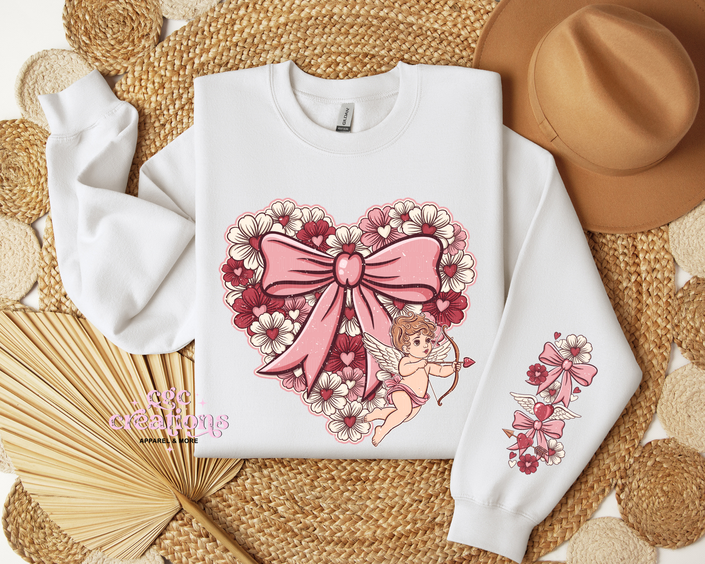 Floral Heart With Cupid And Sleeve Design Crewneck Sweatshirt