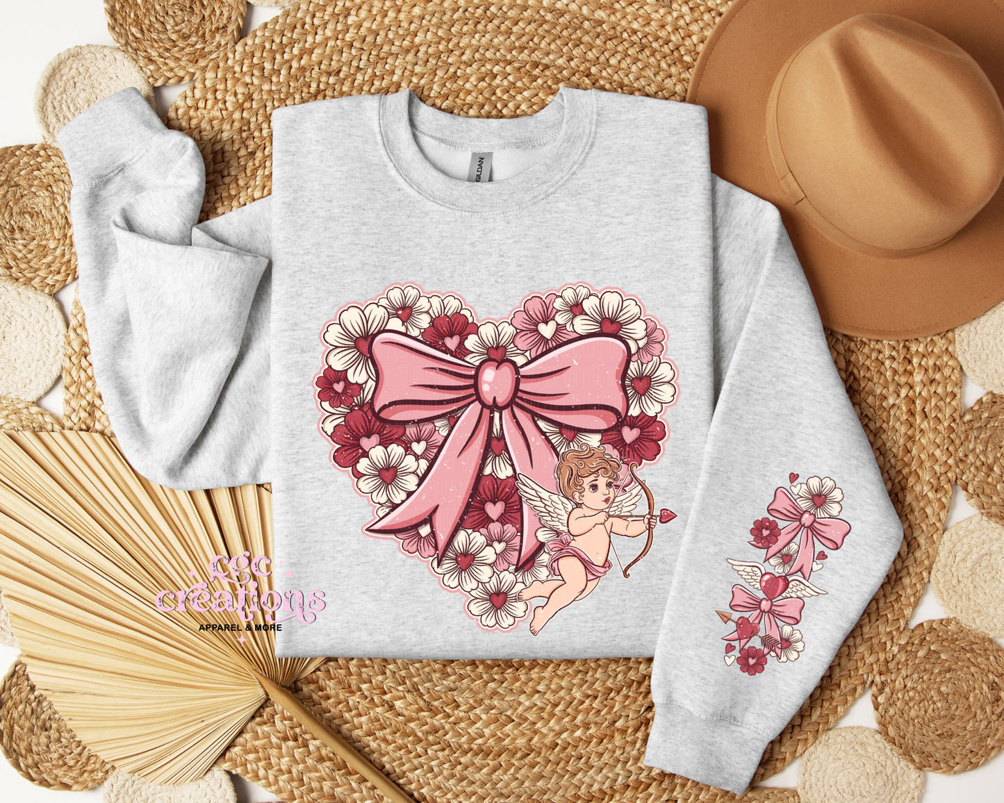 Floral Heart With Cupid And Sleeve Design Crewneck Sweatshirt