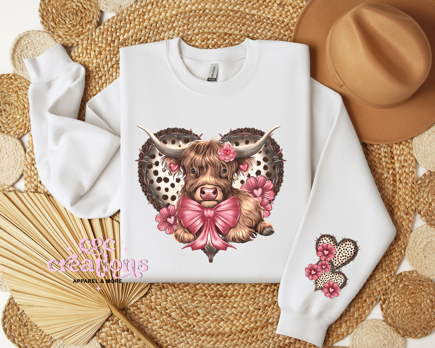 Cute Heart Highland Cow With heart Sleeve Crewneck Sweatshirt