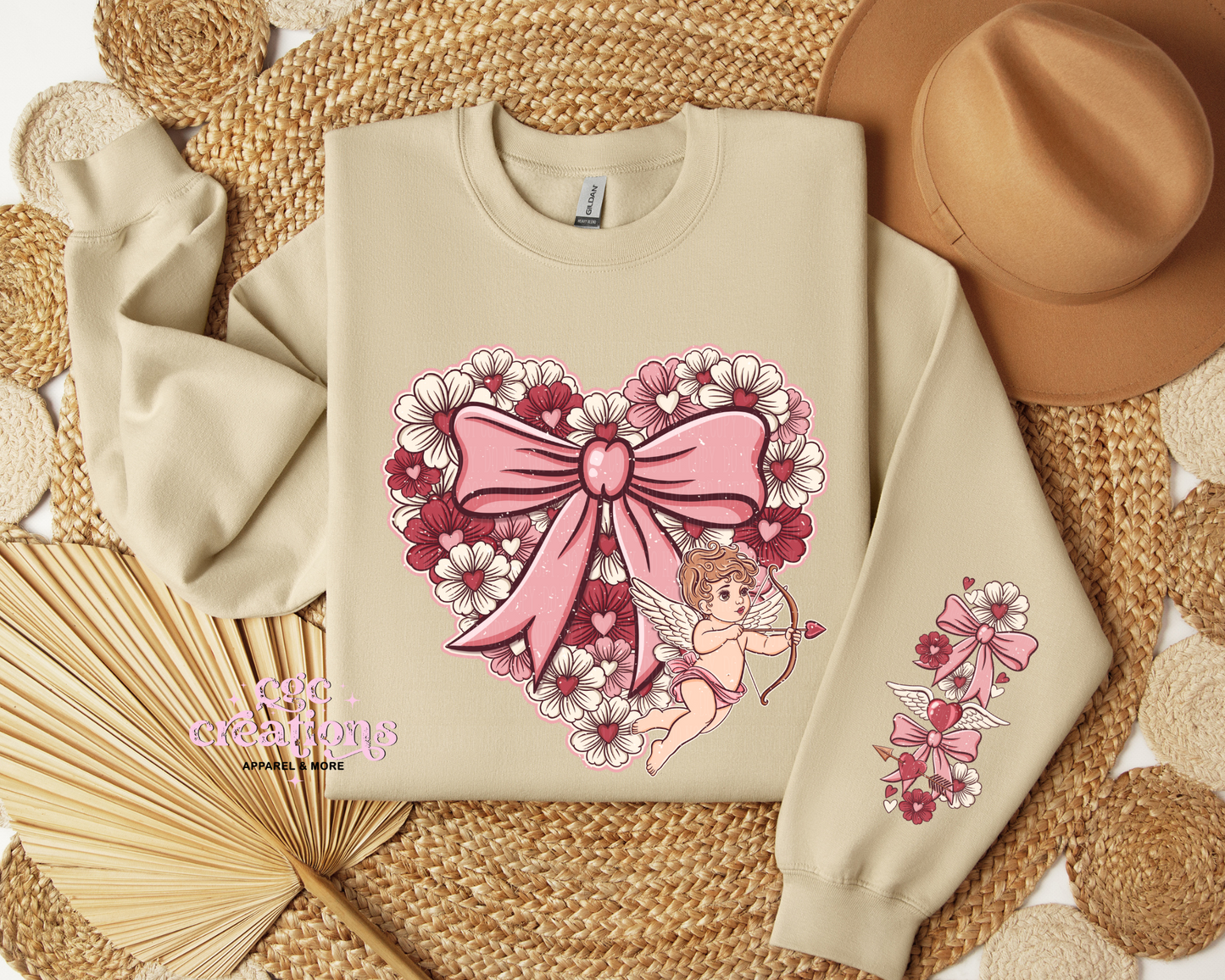 Floral Heart With Cupid And Sleeve Design Crewneck Sweatshirt