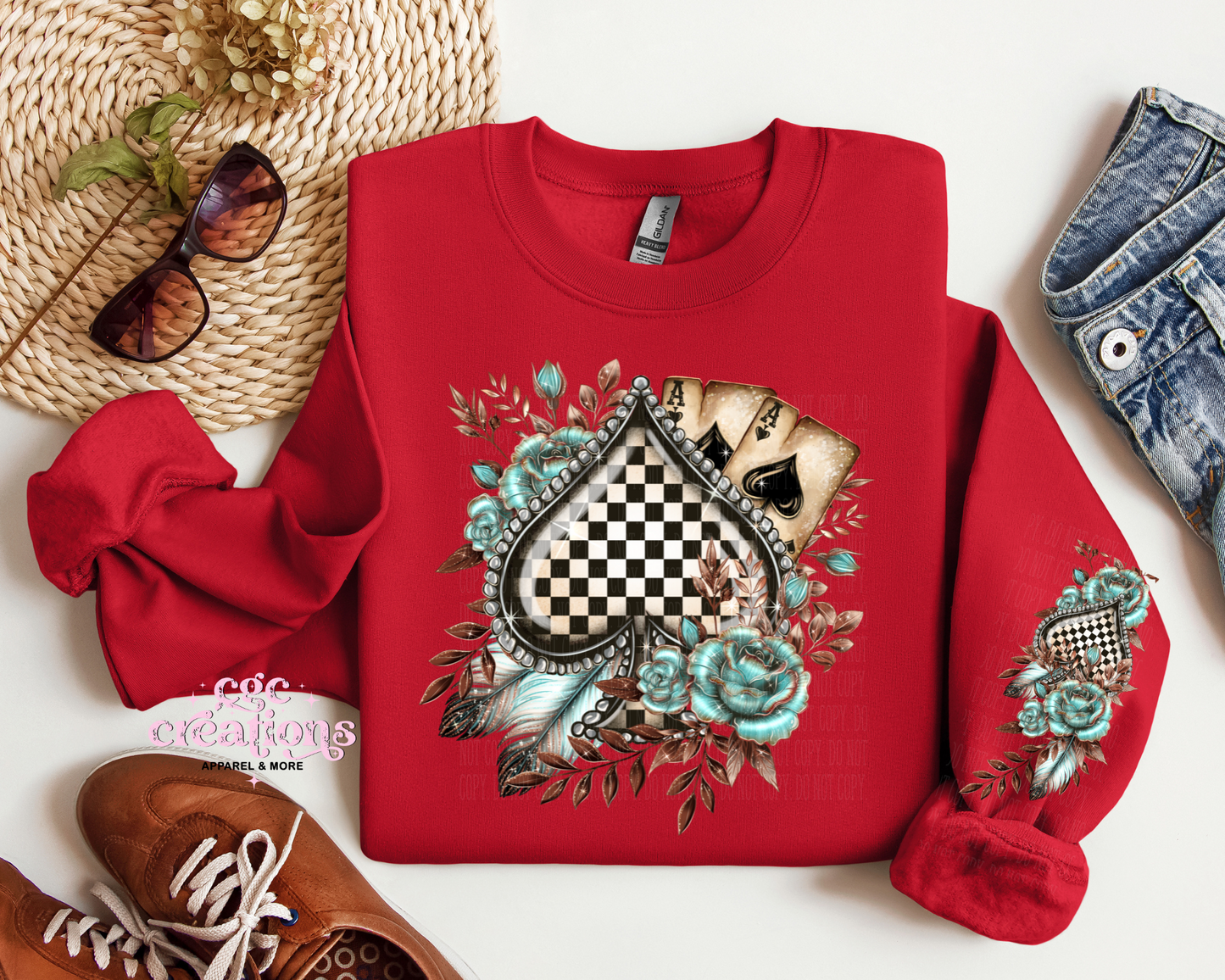 Checkered Spade With Sleeve Design #1 Crewneck Sweatshirt