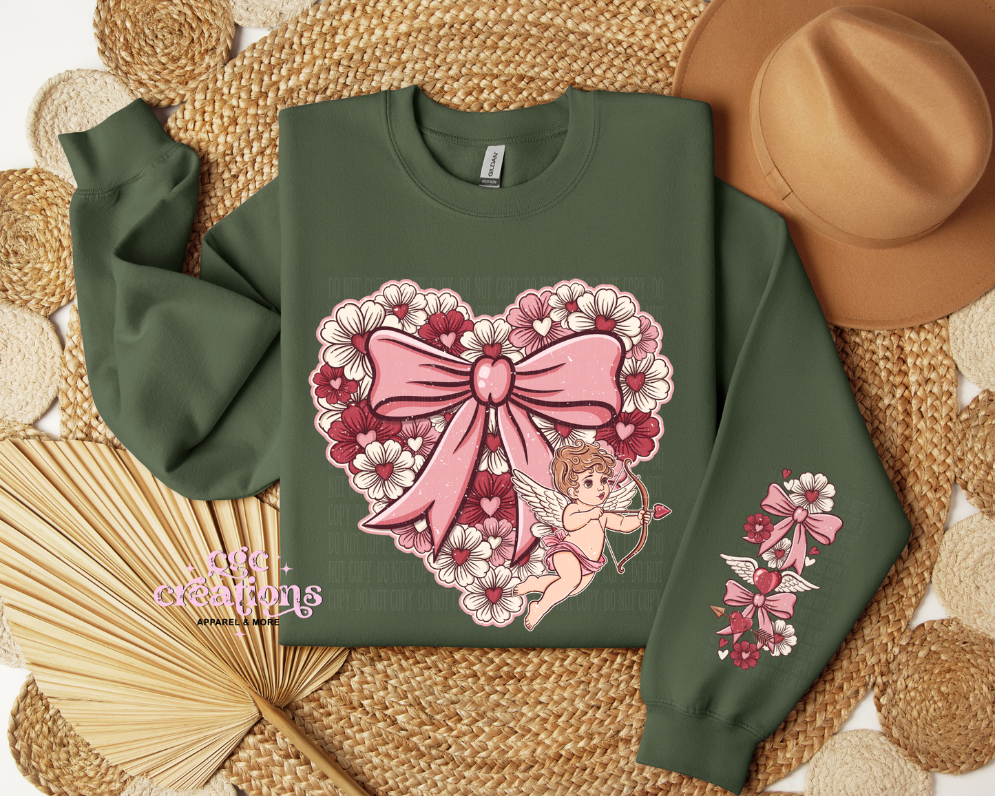 Floral Heart With Cupid And Sleeve Design Crewneck Sweatshirt