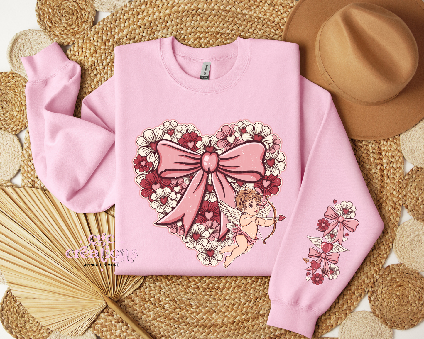 Floral Heart With Cupid And Sleeve Design Crewneck Sweatshirt