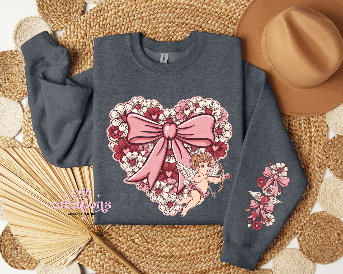 Floral Heart With Cupid And Sleeve Design Crewneck Sweatshirt