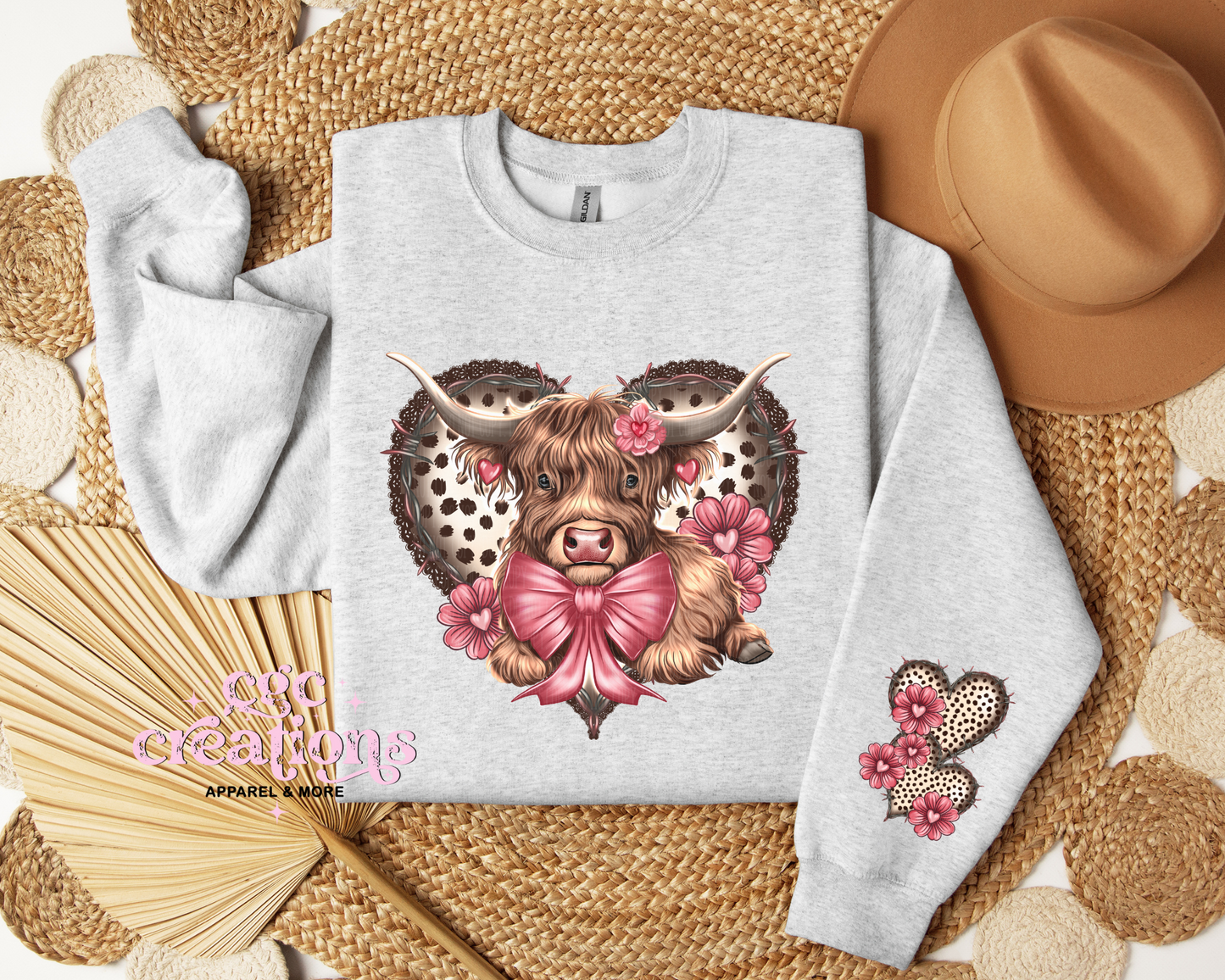 Cute Heart Highland Cow With heart Sleeve Crewneck Sweatshirt