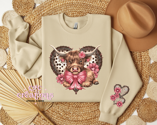 Cute Heart Highland Cow With heart Sleeve Crewneck Sweatshirt