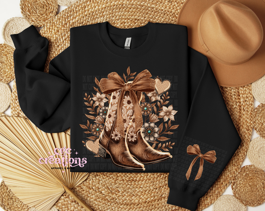 Floral Cowboy Boots With Bow Sleeve Crewneck Sweatshirt