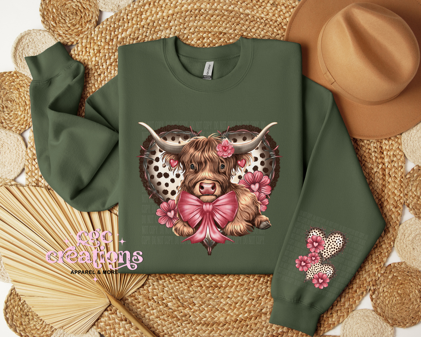 Cute Heart Highland Cow With heart Sleeve Crewneck Sweatshirt