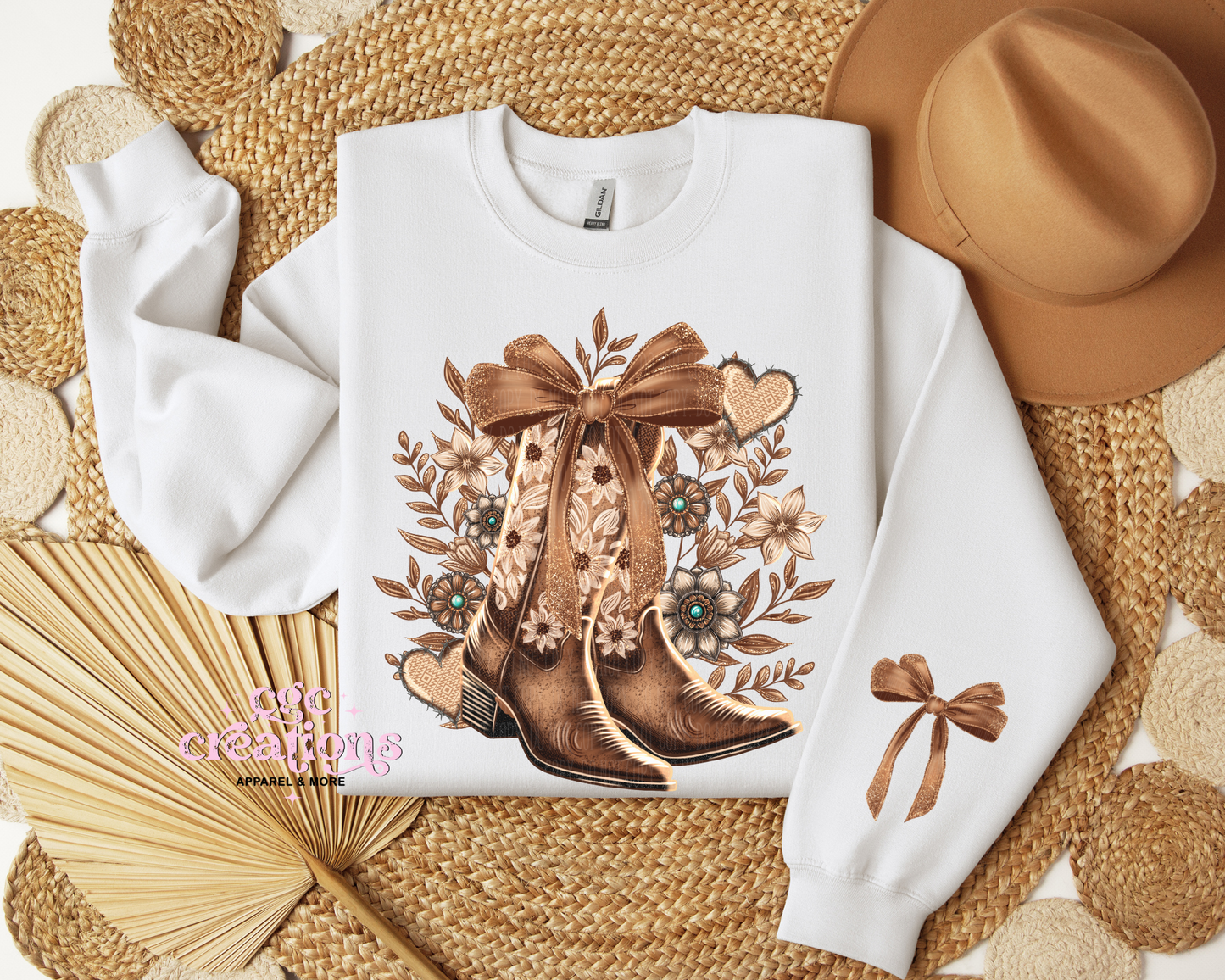 Floral Cowboy Boots With Bow Sleeve Crewneck Sweatshirt