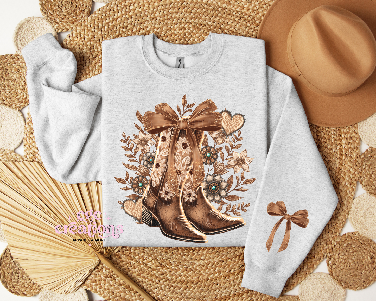 Floral Cowboy Boots With Bow Sleeve Crewneck Sweatshirt