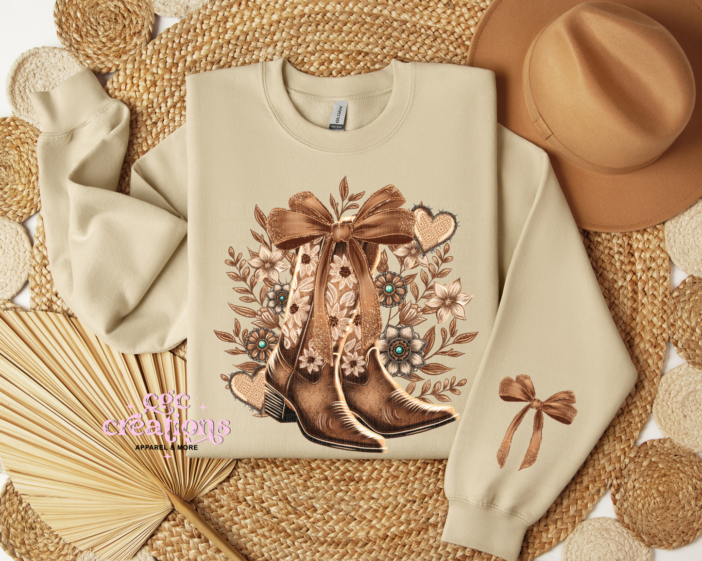Floral Cowboy Boots With Bow Sleeve Crewneck Sweatshirt