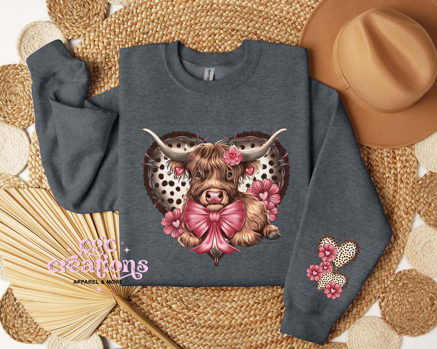 Cute Heart Highland Cow With heart Sleeve Crewneck Sweatshirt