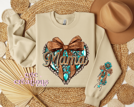 Western Mama Heart With Sleeve Design Crewneck Sweatshirt