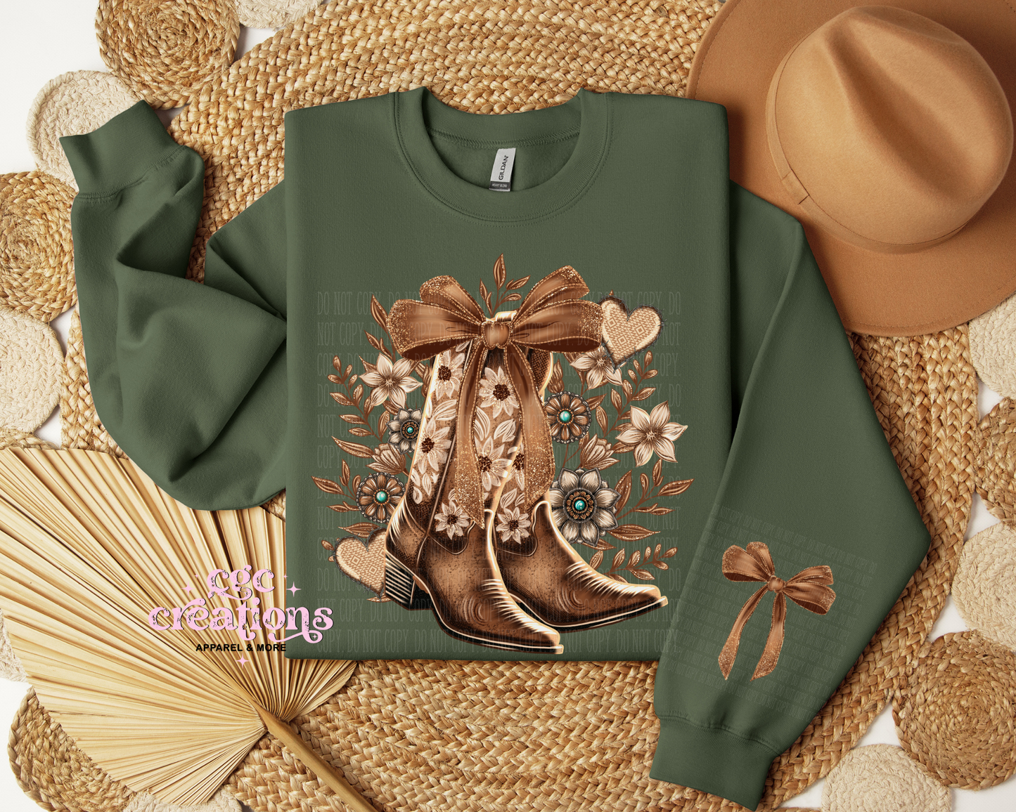 Floral Cowboy Boots With Bow Sleeve Crewneck Sweatshirt