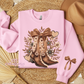 Floral Cowboy Boots With Bow Sleeve Crewneck Sweatshirt