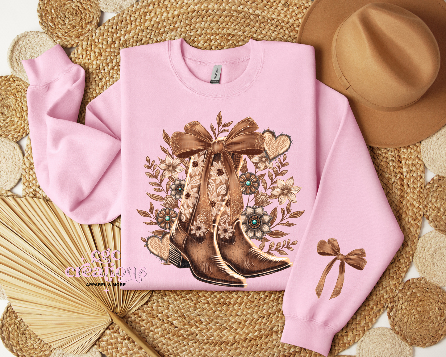 Floral Cowboy Boots With Bow Sleeve Crewneck Sweatshirt