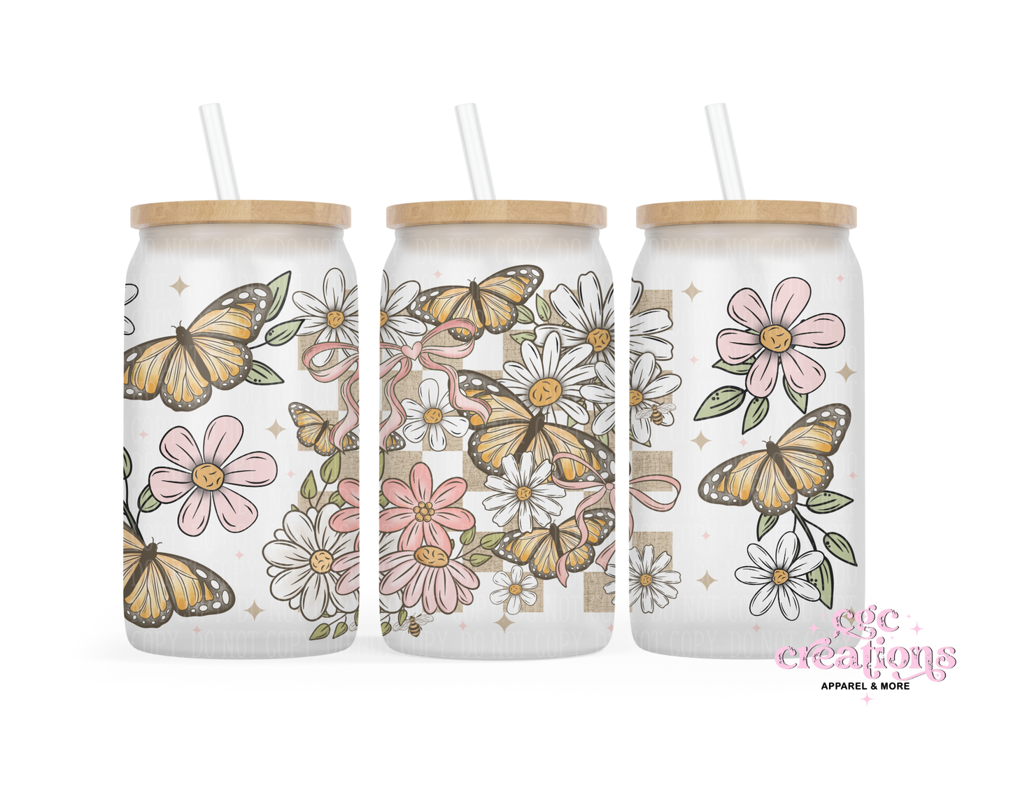 Butterflies And Daisies 16oz Glass Cup With Lid