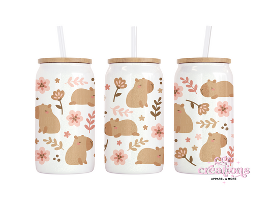 Capybara 16oz Glass Cup With Lid