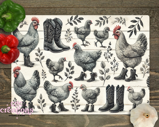 Chickens And Boots Glass Cutting Board
